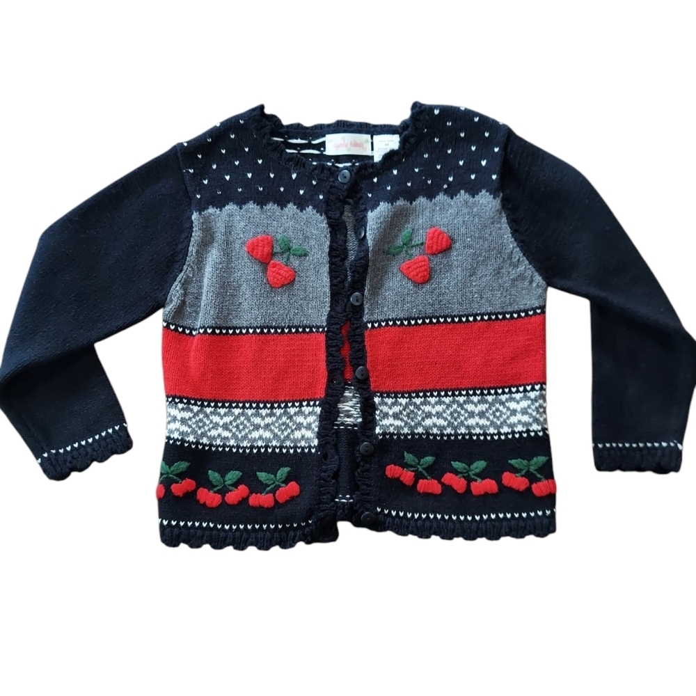 Candy Hearts Cherry and Strawberry Embroidered Button Front Sweater Cardigan